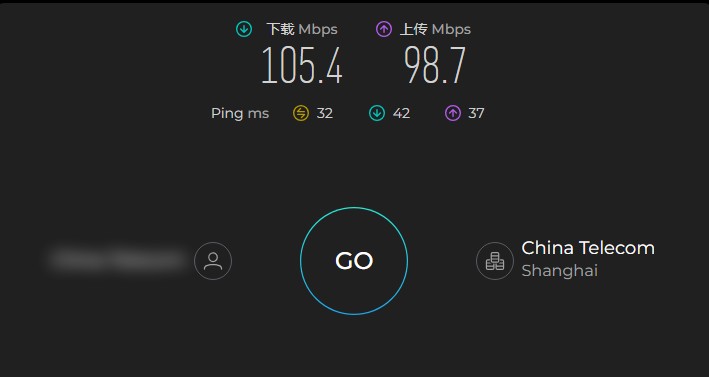 ProtonVPN 在中国电信上海线路下的 Ookla Speedtest 测速结果：下载 105.4 Mbps